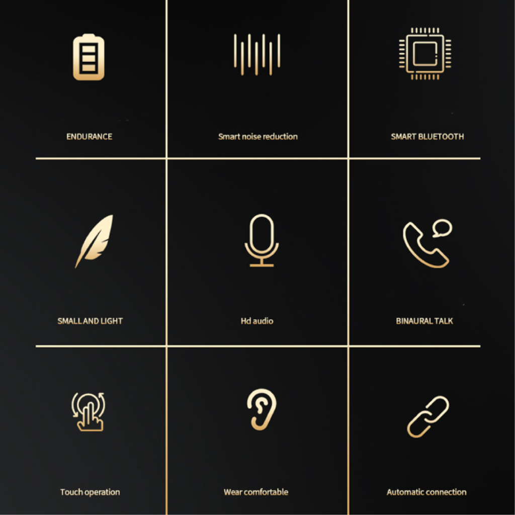 Nine gold icons on a black background illustrating the key features of the wireless earbuds: long battery life, noise cancellation, smart Bluetooth, lightweight design, high-definition sound, dual-ear calling, touch controls, comfortable fit, and easy pairing. Great for corporate gifting information.
