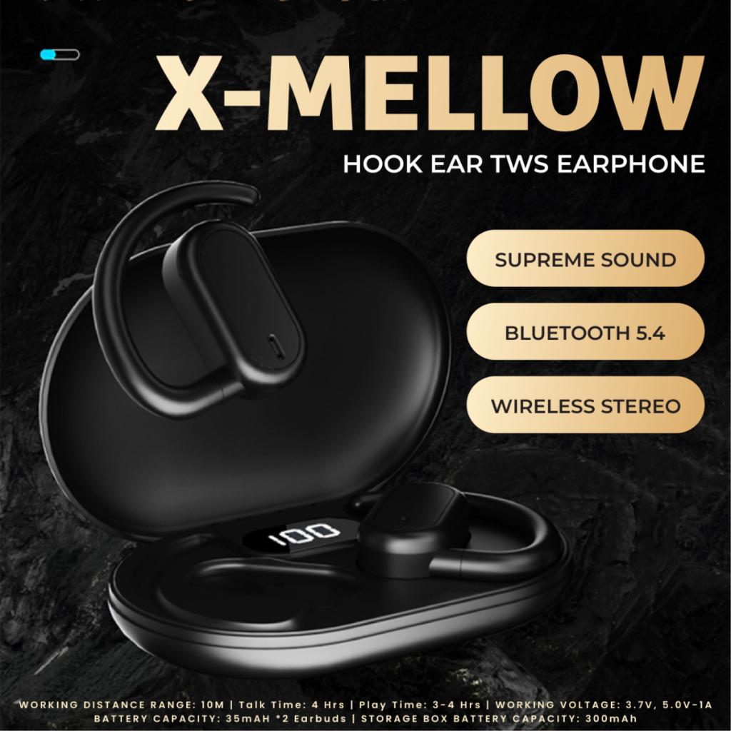 Sleek black hook ear TWS earphones and charging case, emphasizing supreme sound, Bluetooth 5.4, and wireless stereo. A great tech gift for corporate branding.