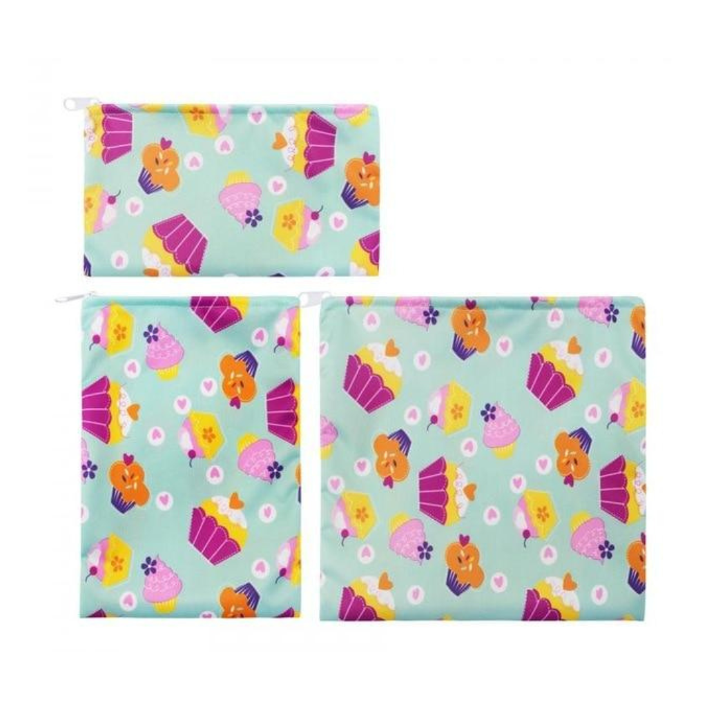Promote your brand with these customizable cupcake-themed reusable lunch and snack bag sets. Perfect for bakeries, parties, corporate gifts, or retail.