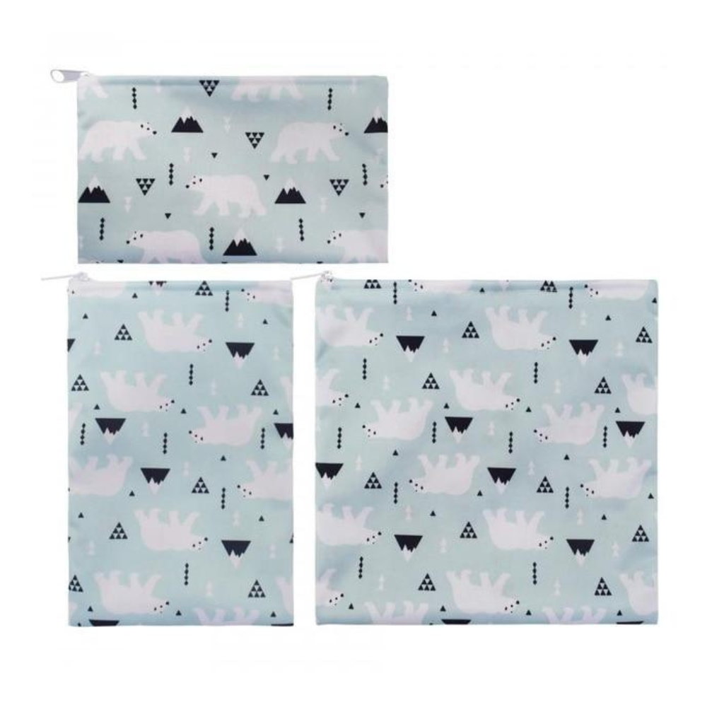 Promote your brand with these customizable polar bear and mountain themed reusable lunch and snack bag sets. Perfect for nature lovers, outdoor brands, corporate gifts, or retail.