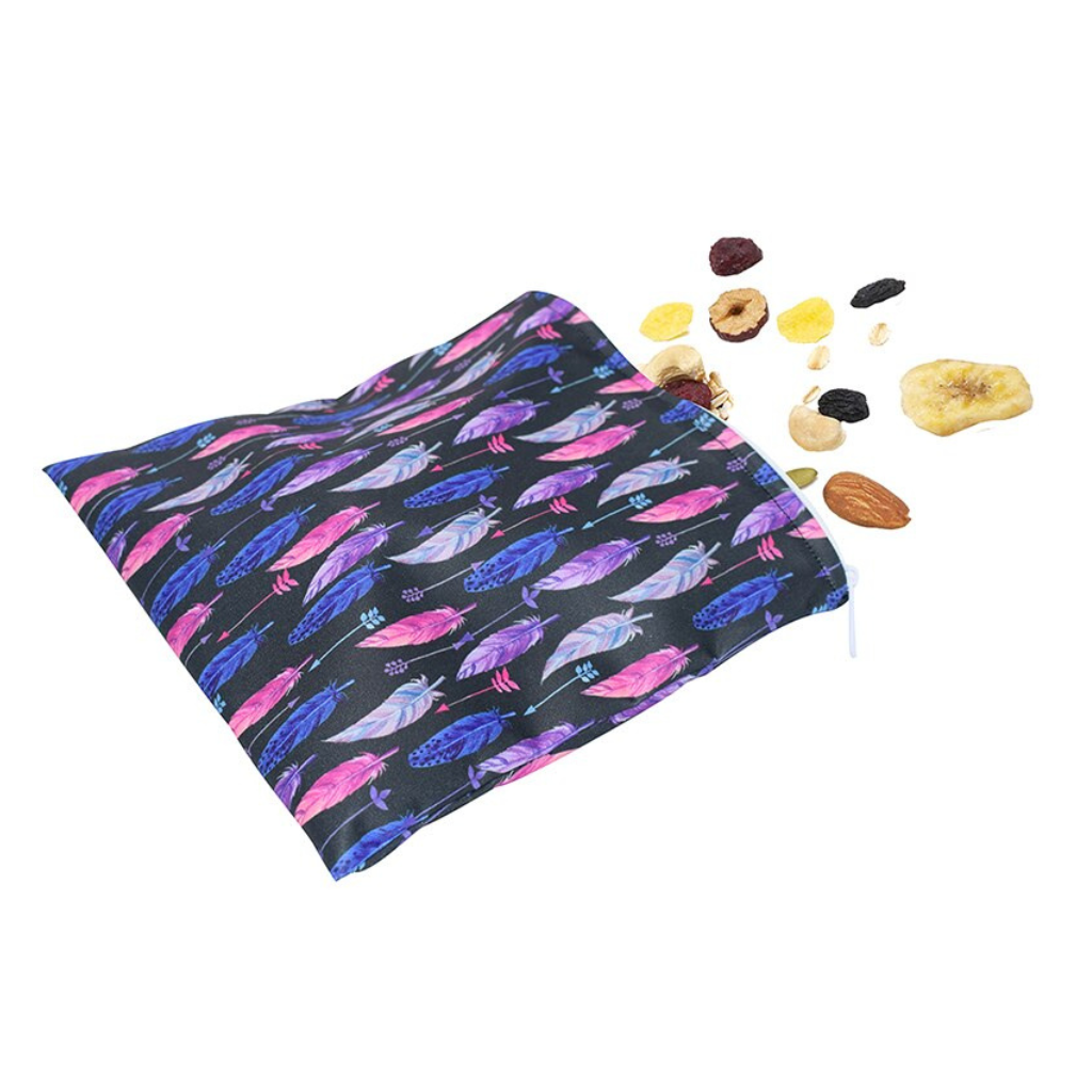 Promote your brand with custom printed reusable snack bags. Stylish feather pattern, ideal for corporate gifts and giveaways.