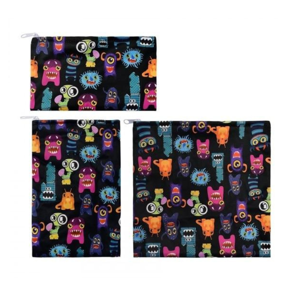 Promote your brand with custom printed reusable snack bag sets. Playful monster designs, ideal for kids' lunches and corporate gifts