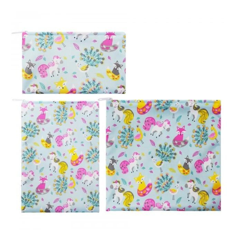 Shop custom reusable snack bag sets with your logo. Delightful unicorn pattern. Ideal for retail, events, and promotional campaigns