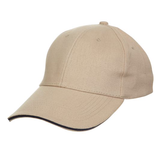 Two-tone cotton baseball cap with curved brim and adjustable strap, casual unbranded headwear for outdoor wear.