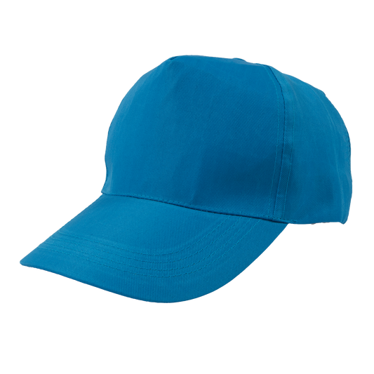Unbranded polyester 5-panel baseball cap showing front view with adjustable strap and curved brim, casual headwear for everyday wear.