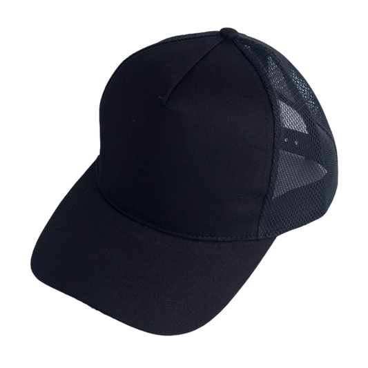 Front view of an unbranded cotton trucker cap, showcasing its classic mesh back and adjustable strap.