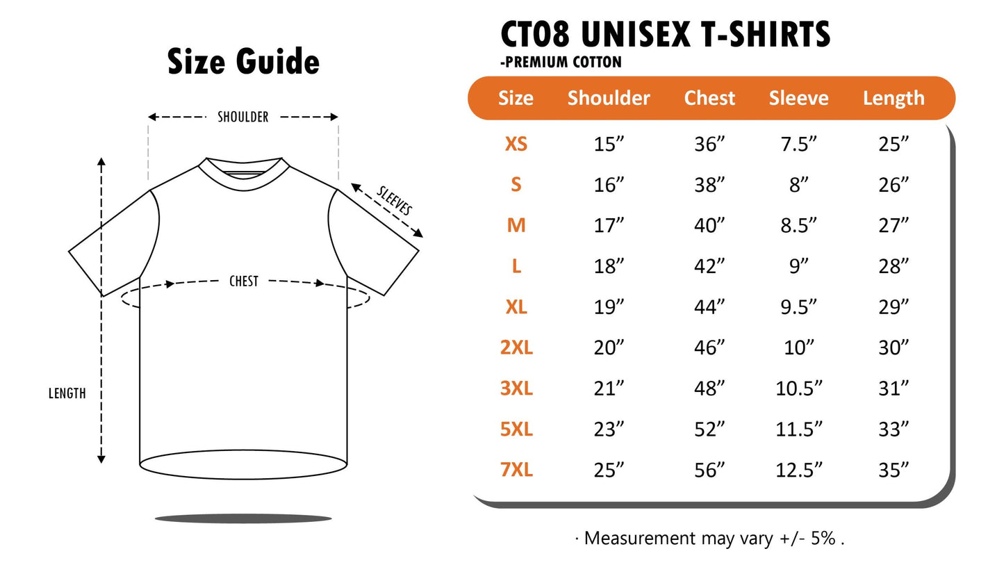 CT08 Premium Cotton T-Shirt size chart