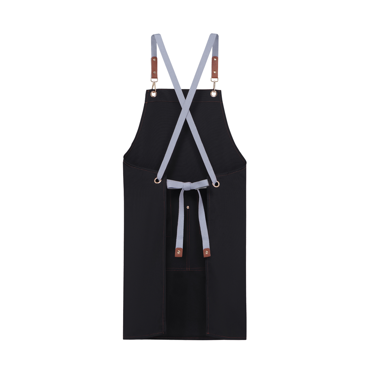 High-quality, durable black utility apron with cross-back harness design and tie-back closure, excellent corporate gift.