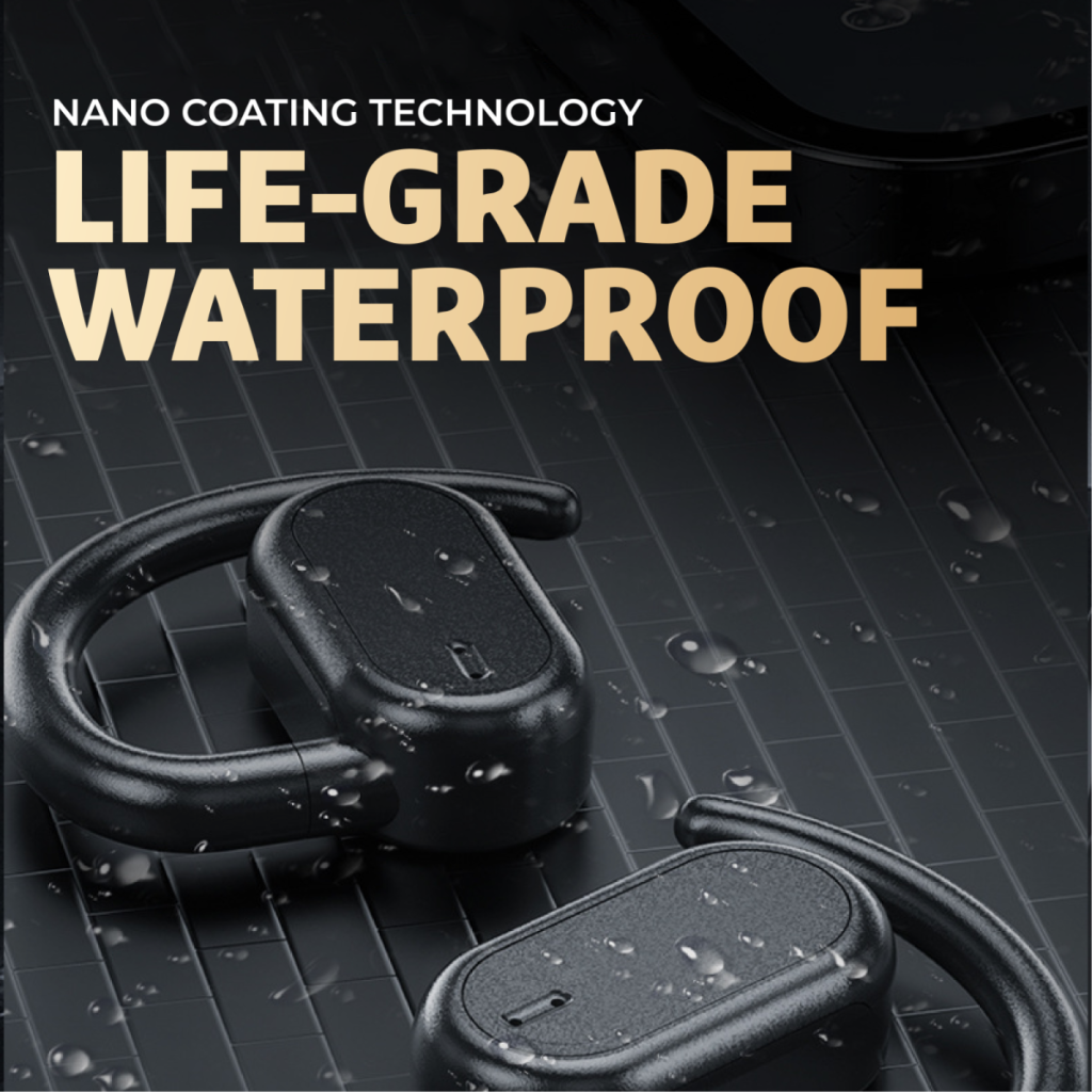 Black wireless earphones with ear hooks shown with water droplets, focusing on the "Life-Grade Waterproof" feature due to "Nano Coating Technology". Perfect for adding a corporate logo.