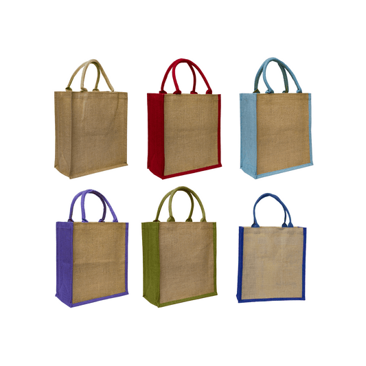 Jute tote bags in various colours, customisable for unique corporate swag and promotional products.