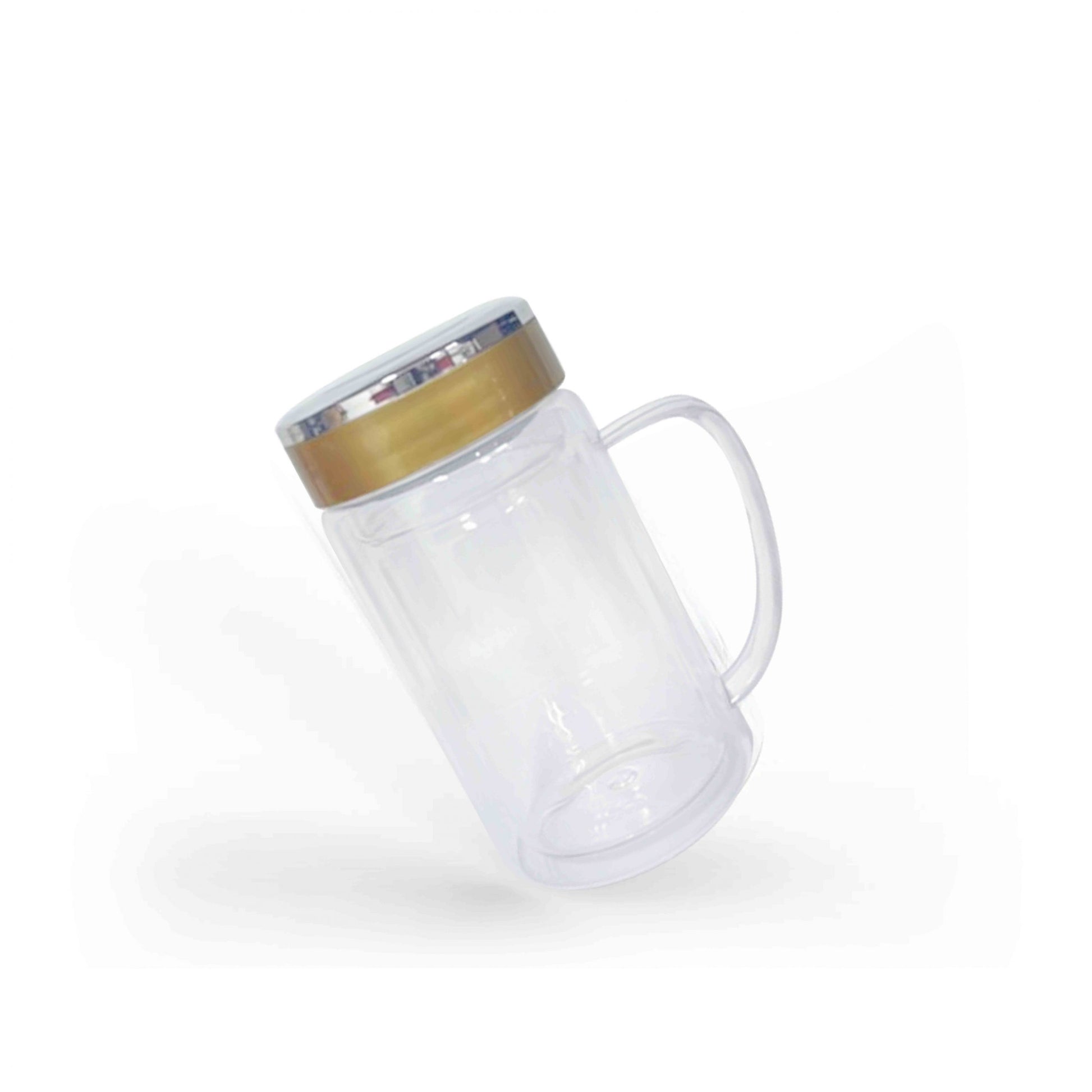 A tilted double wall glass mug for corporate gifting