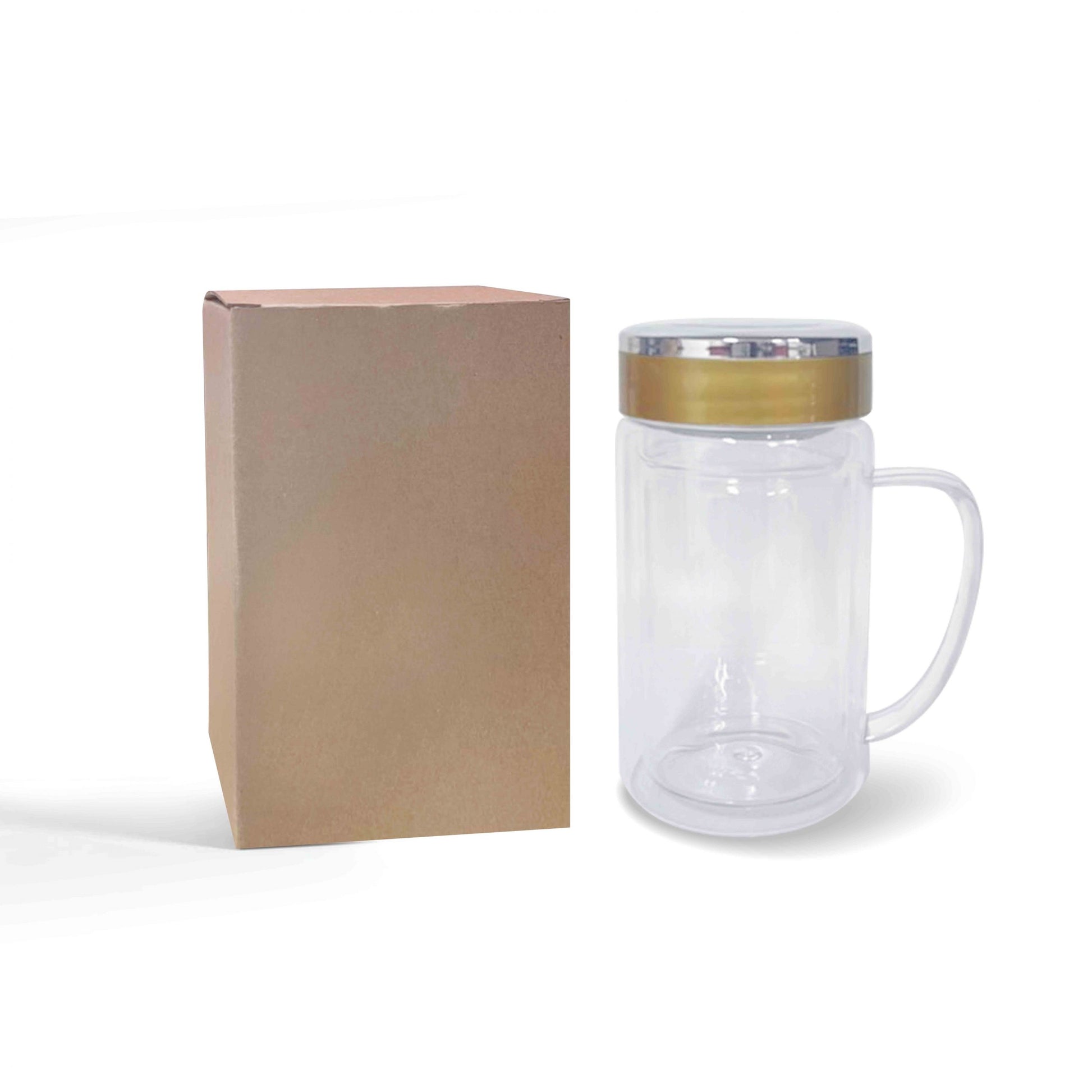 A nice looking double wall glass mug with packaging for corporate merchandise