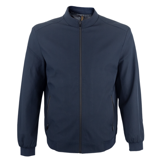 Front view of a high-density bomber jacket, a stylish unbranded outerwear piece with a sleek, modern design.