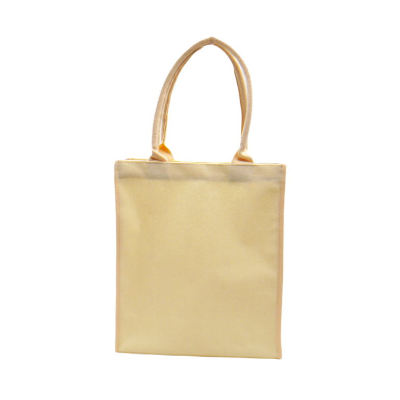 A front view of an eco-friendly canvas tote bag in beige