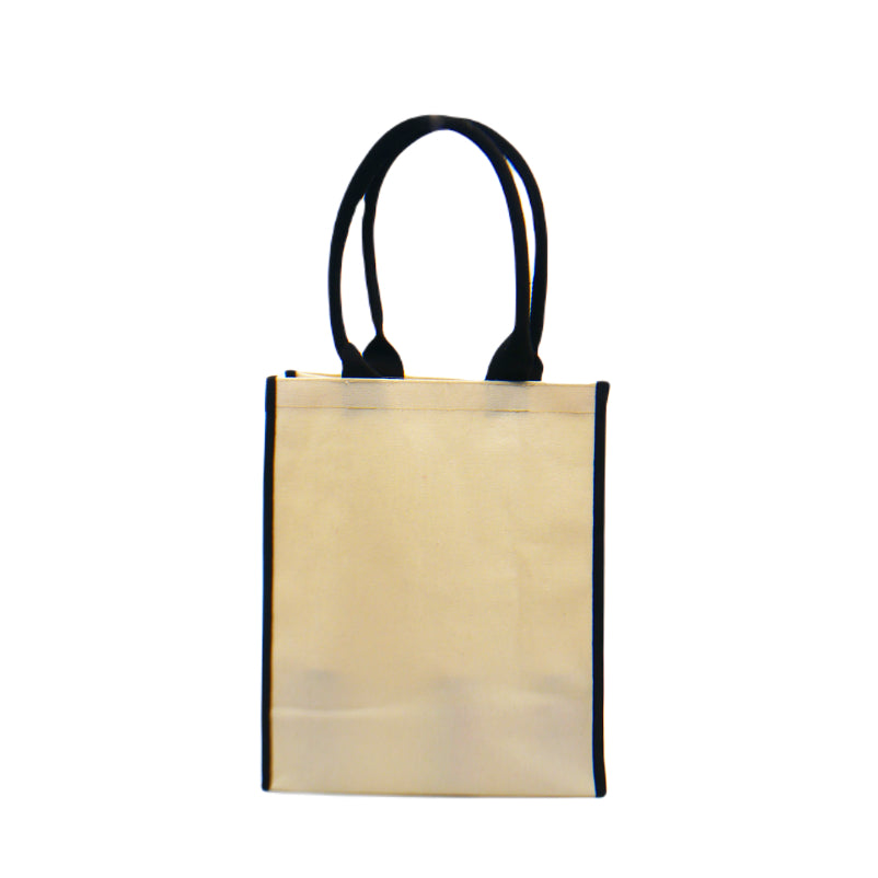 A front view of an eco-friendly canvas tote bag in black trimmings