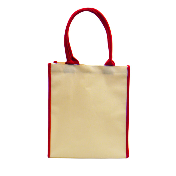 A front view of an eco-friendly canvas tote bag in red trimmings