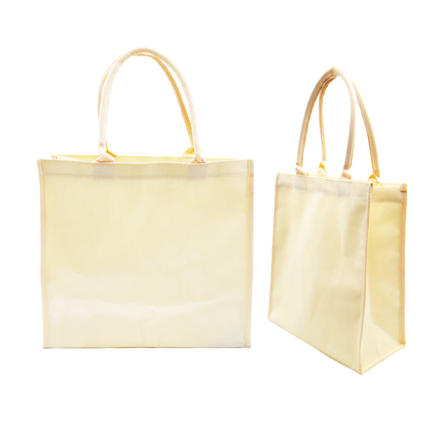 A front and side view of an eco-friendly canvas tote bag in beige