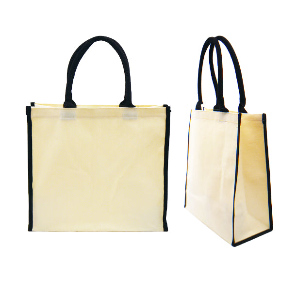 A front and side view of an eco-friendly canvas tote bag in black