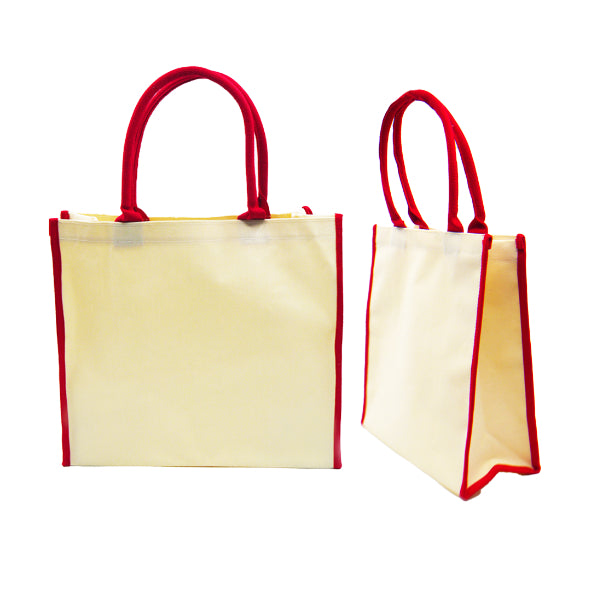 A front and side view of an eco-friendly canvas tote bag in red