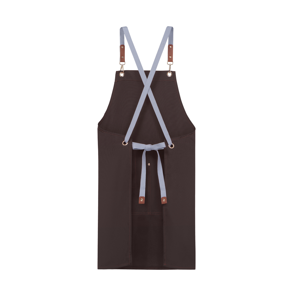 View of the back closure system on the dark brown employee uniform apron, showing the grey adjustable straps crisscrossed.