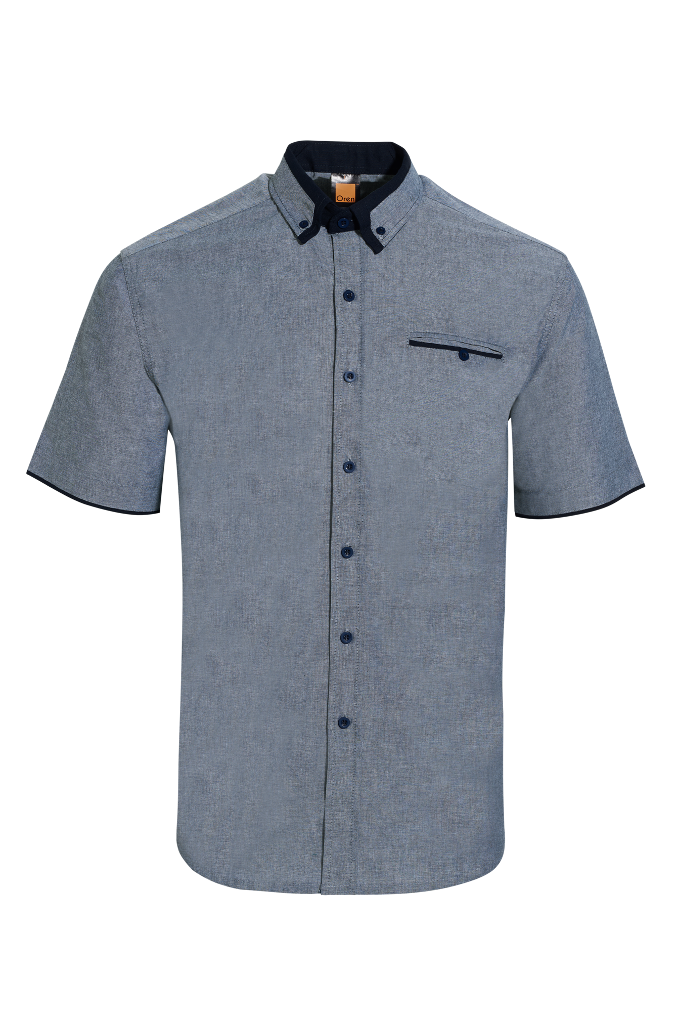 Navy pro short-sleeve shirt with navy collar and pocket on a white background