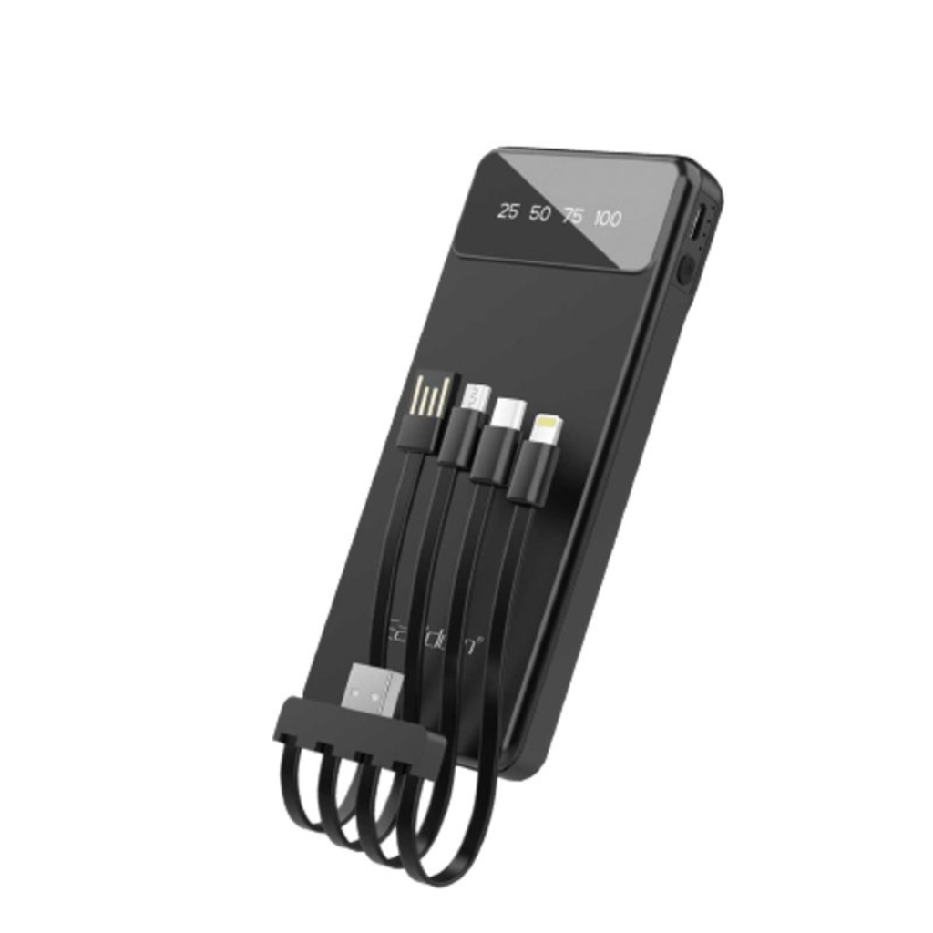 FlashCharge Pro 10,000 mAh Power Bank, an ideal custom corporate merchandise item, featuring integrated cables for ultimate convenience, perfect for corporate gifts and custom swag.