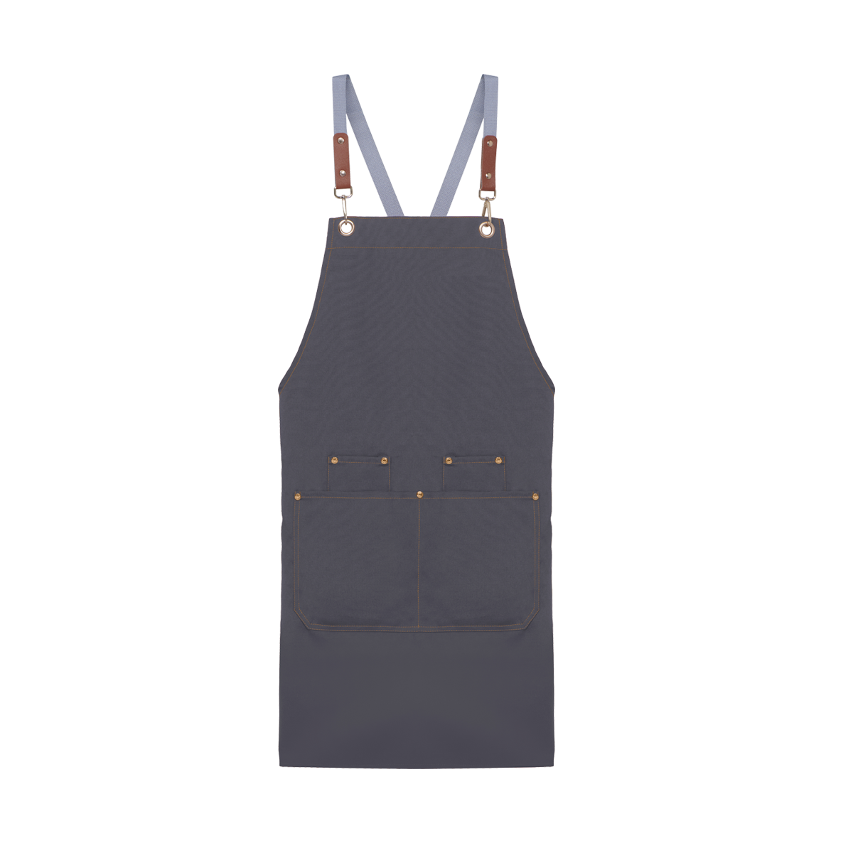Stylish dark grey cafe or kitchen apron with a modern cross-back design, suitable for promotional giveaways or events.