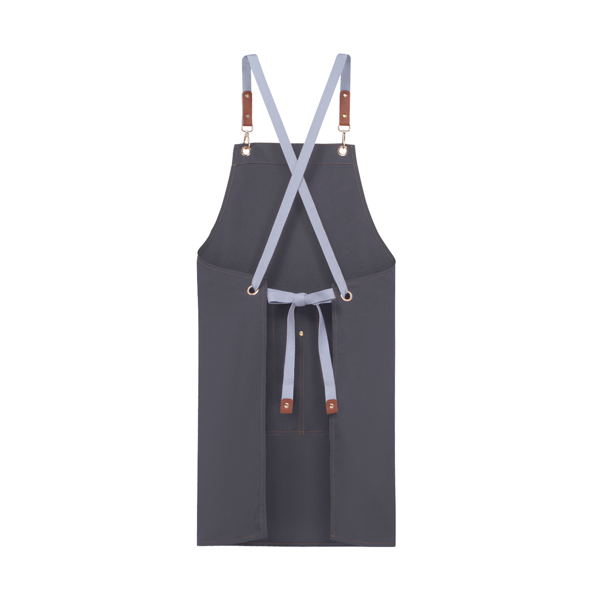 Rear view of the dark grey apron featuring the adjustable grey straps and waist tie, suitable for custom giveaways.