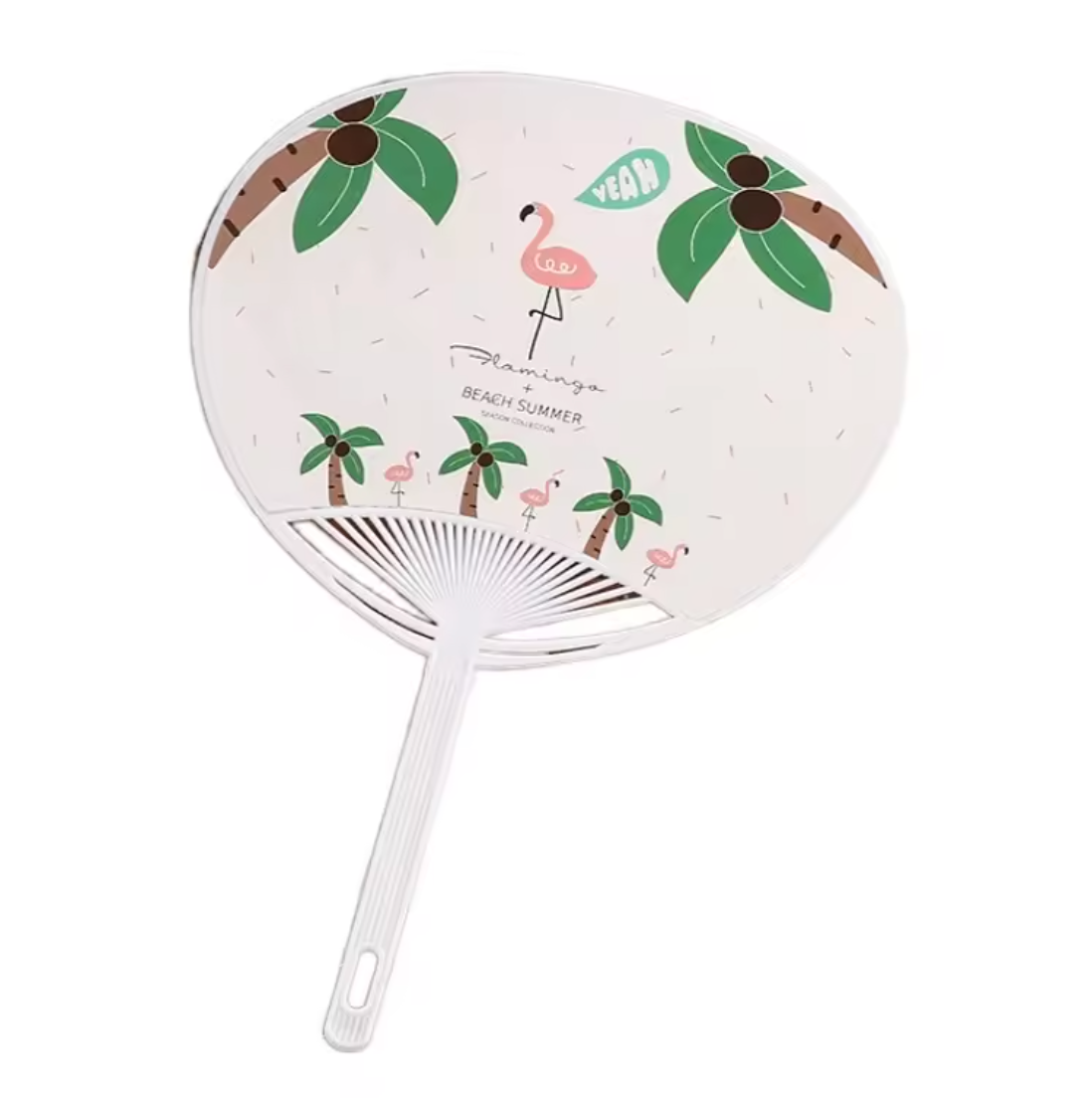 A Japanese Uchiwa plastic fan with coconut trees and flamingo artwork