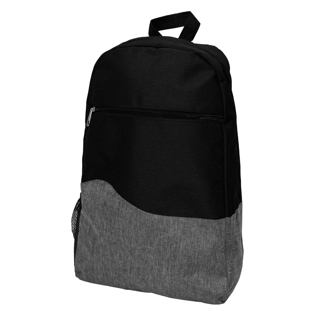Black backpack with a gray bottom, perfect for personalized company gifts and corporate merchandise.