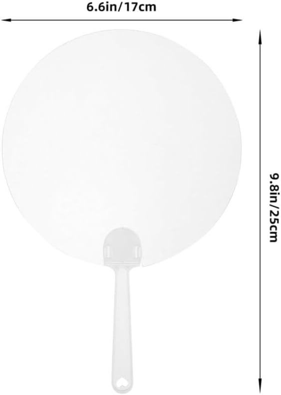 A plastic handheld fan with dimensions labelled