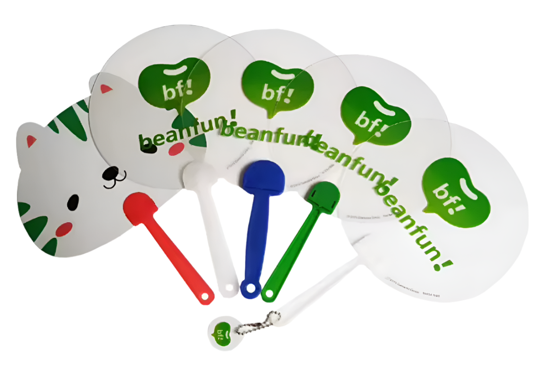 Layout of several plastic handheld fan with company logos printed