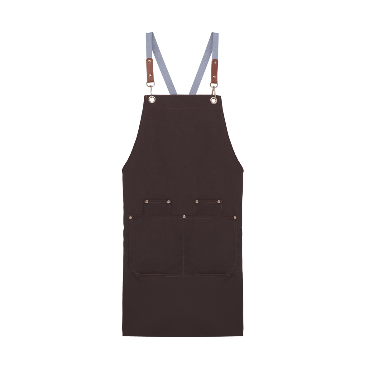 High-end dark brown canvas workwear apron with front pockets and an adjustable shoulder harness, great for company swag.