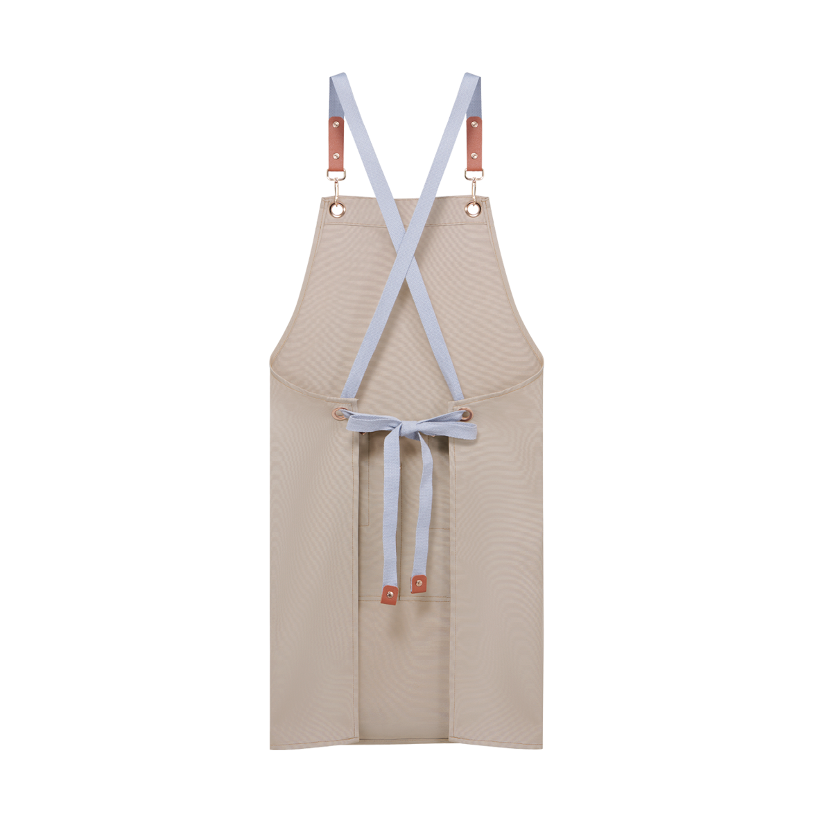 Full back view of a khaki promotional apron, showcasing the X-back strap design attached with leather and copper hardware.