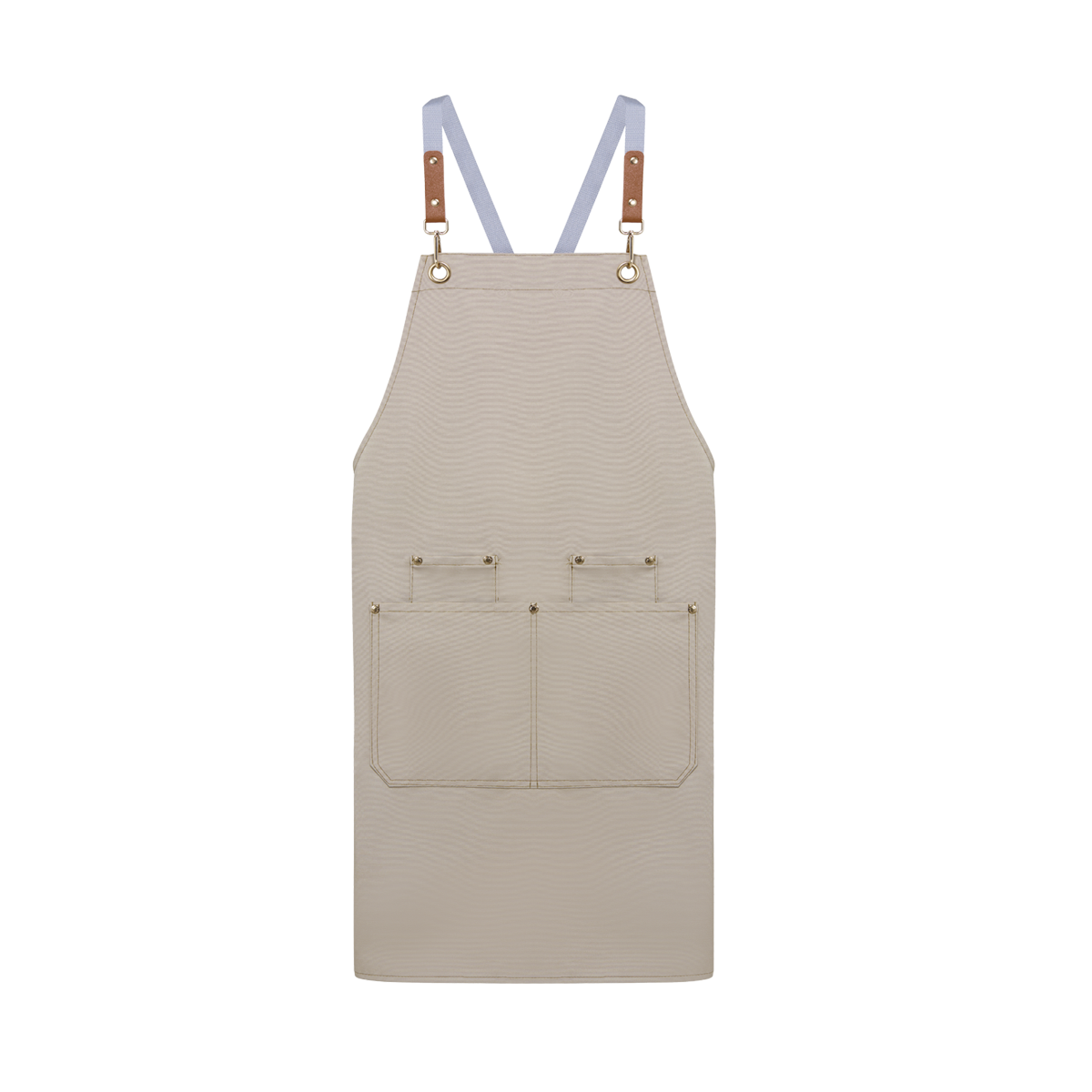 Front view of a khaki service apron with adjustable grey X-back straps and reinforced pockets, ideal promotional giveaway.