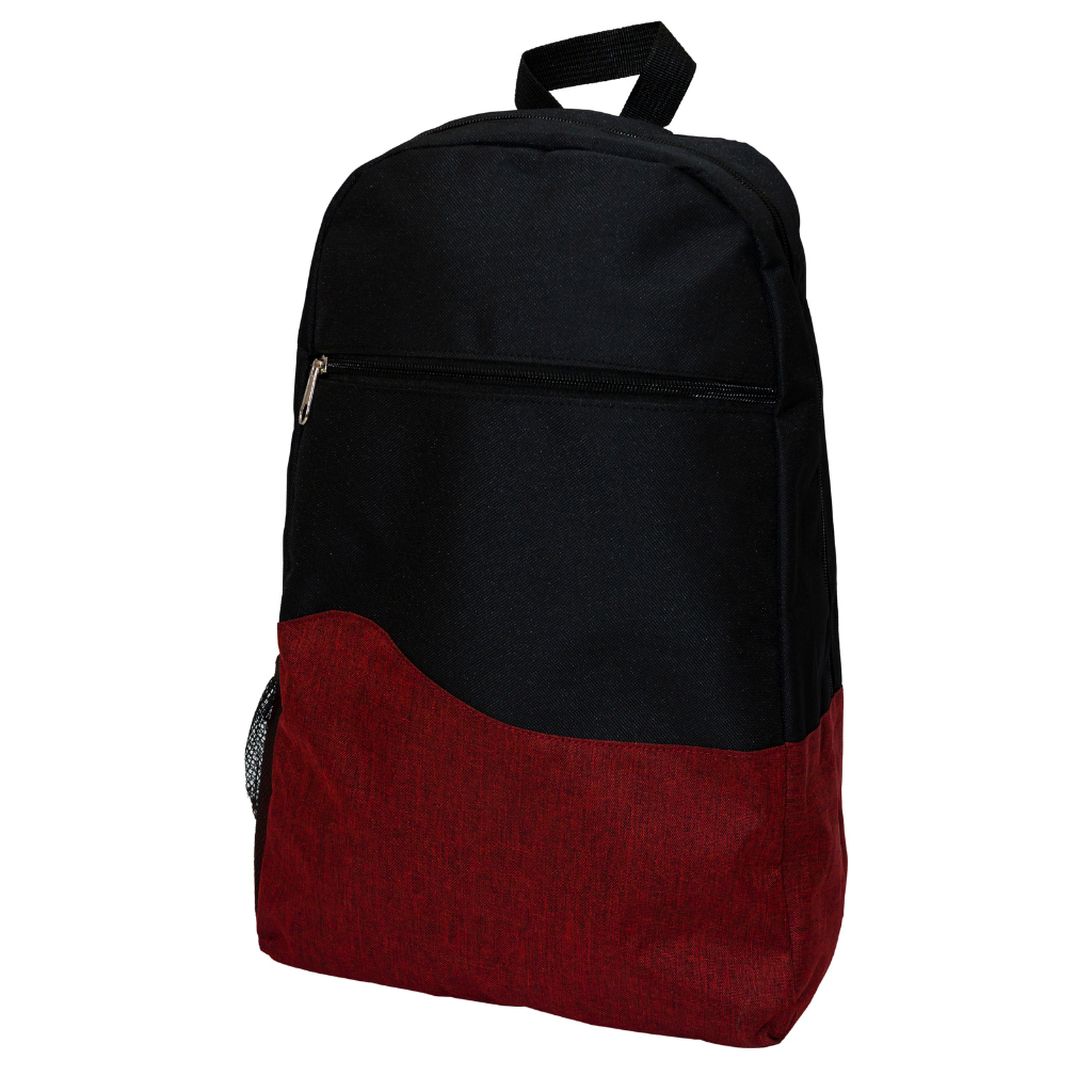 Black backpack with a bold red bottom panel, ideal for custom branding and eye-catching corporate gifts.