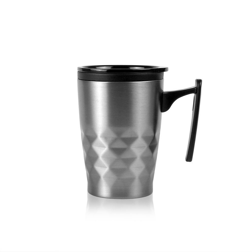 Silver geometric tumbler with a unique and eye-catching design, perfect for making a statement.
