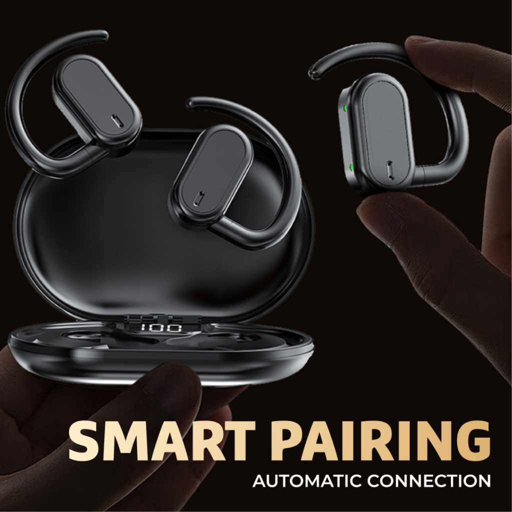 Black wireless earphones with ear hooks and charging case, emphasizing "Smart Pairing Automatic Connection" with one earbud being held. Ideal for custom branded corporate gifts.