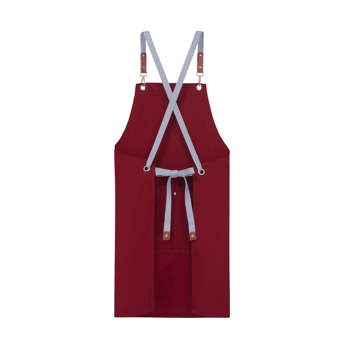 Detail shot of the back of a red work apron, featuring the adjustable straps and tie for a custom fit, wholesale offering.