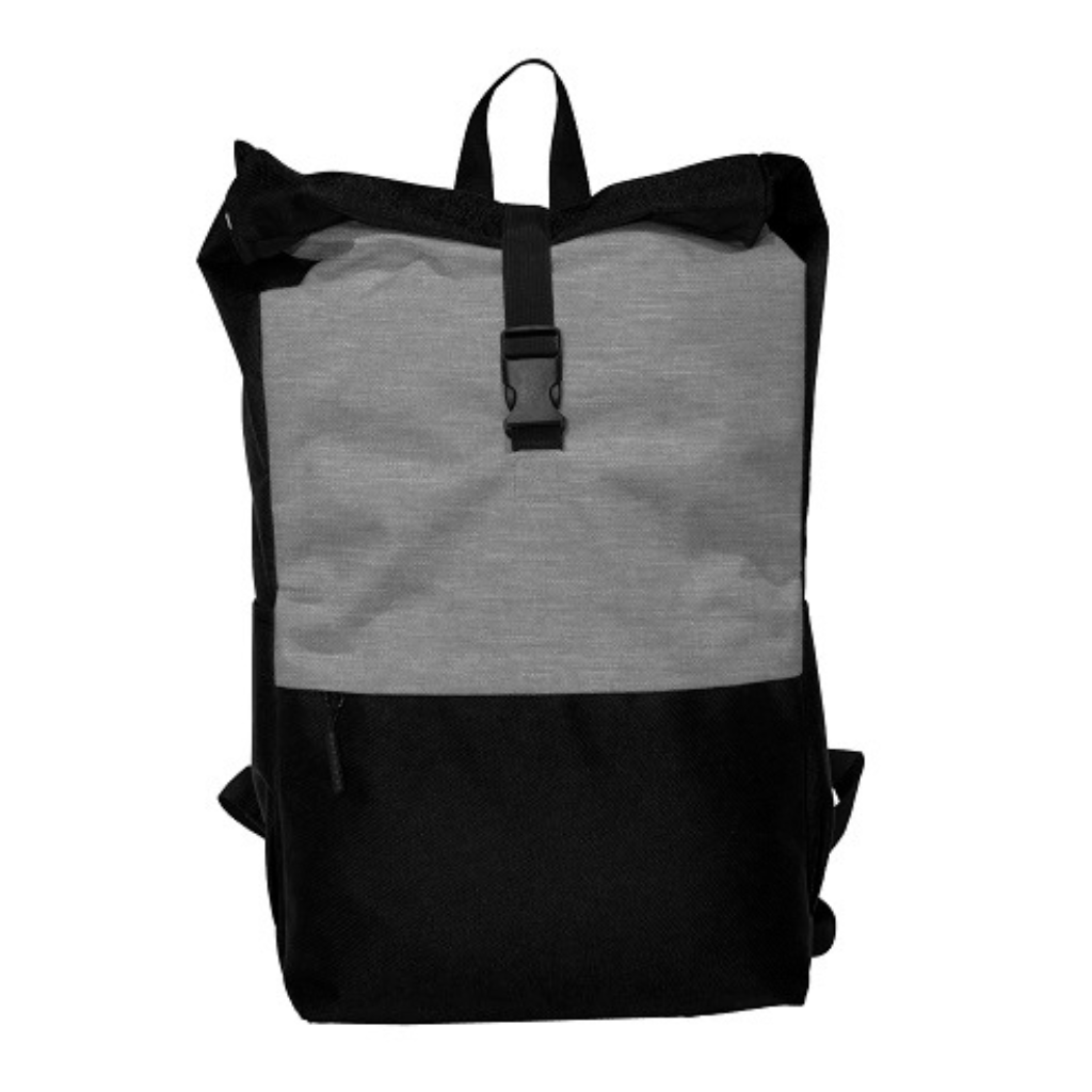 A black and grey backpack, suitable for custom branding as a corporate gift or merchandise item.