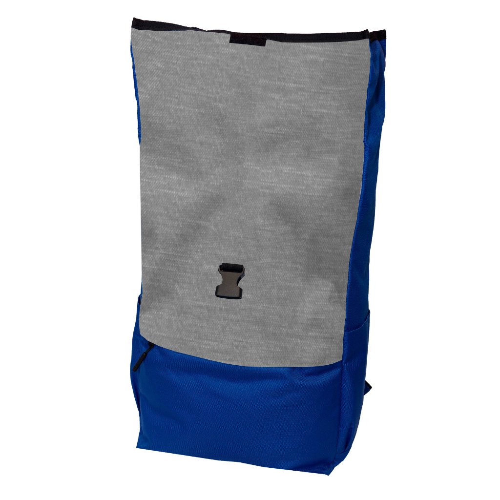 Side view of a blue and grey laptop backpack, a valuable and brandable corporate merchandise item.