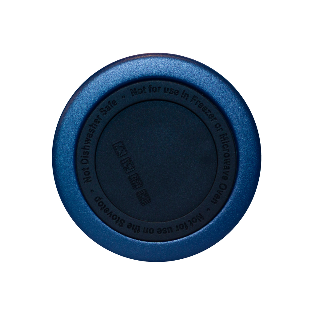Branded vacuum flask base with care instructions, including dishwasher safety and usage guidelines.