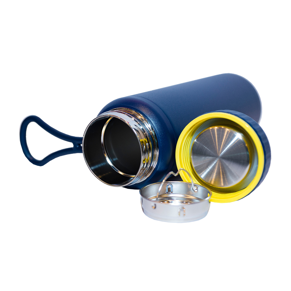 Stainless steel water bottle with a built-in strainer and insulation, perfect for tea or infused water