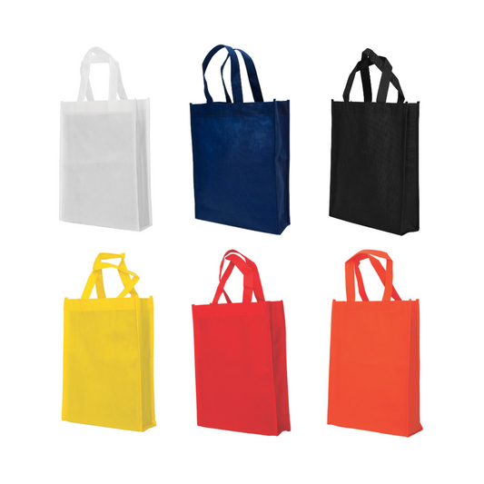 Variety of colorful non-woven tote bags available for custom logo printing. Promote your brand with personalized, reusable bags.