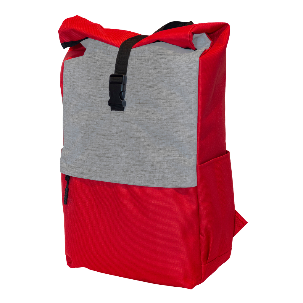 Side profile of a red and grey laptop backpack, ideal for a functional and branded corporate gift.