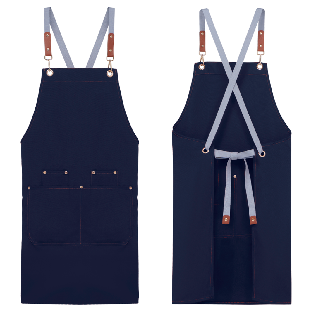 Premium navy apron front and back view for corporate gifts and employee uniforms.
