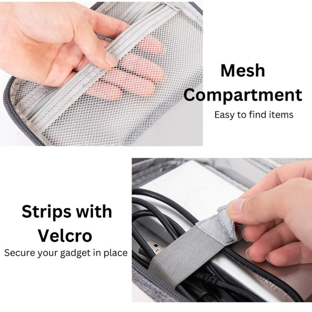 Corporate gifts organised gadget pouch, showing how the Velcro strips secure devices and cables, providing efficient storage as custom corporate merchandise.