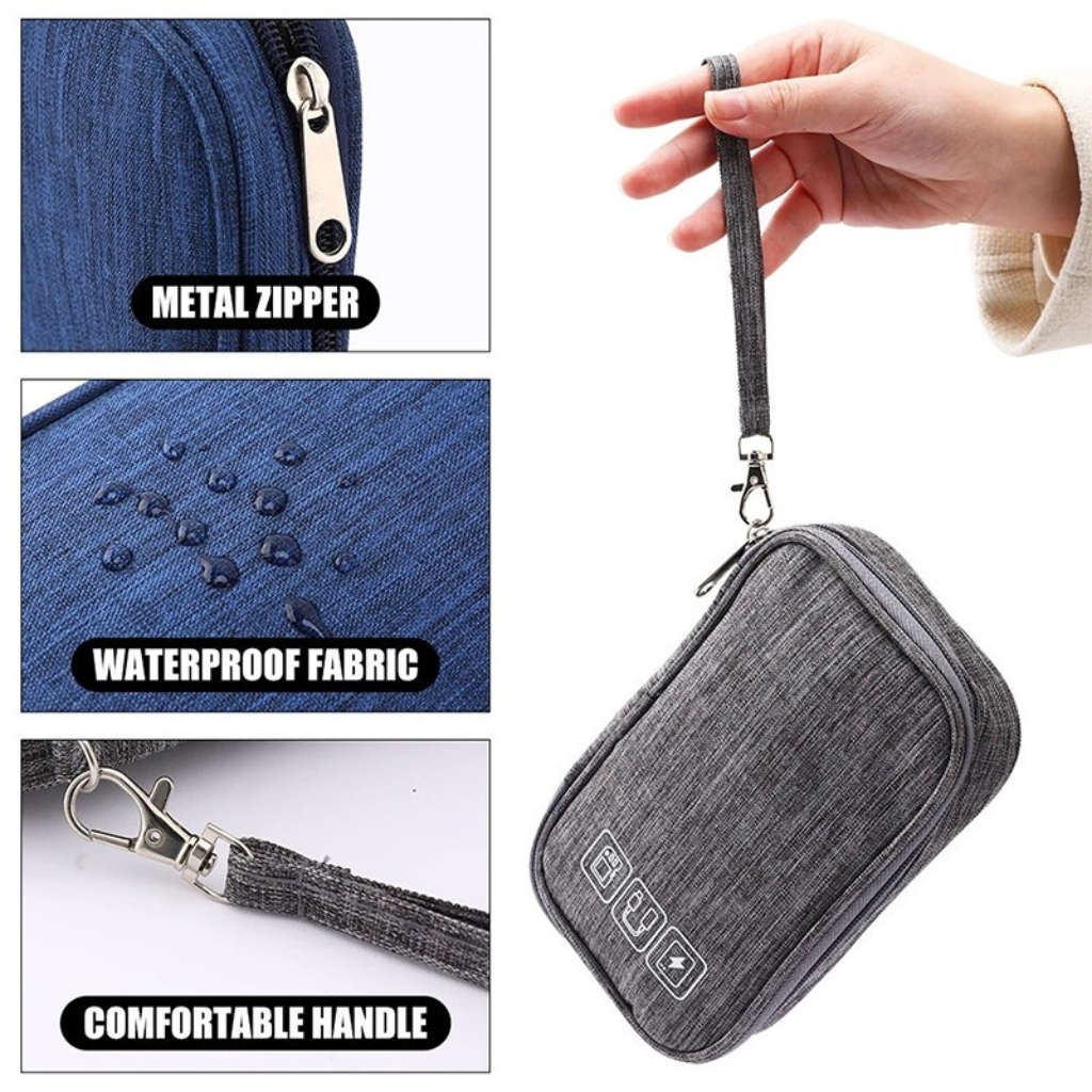 Corporate gifts premium tech accessory case, emphasizing its waterproof fabric and comfortable handle, making it a reliable custom corporate merchandise item.