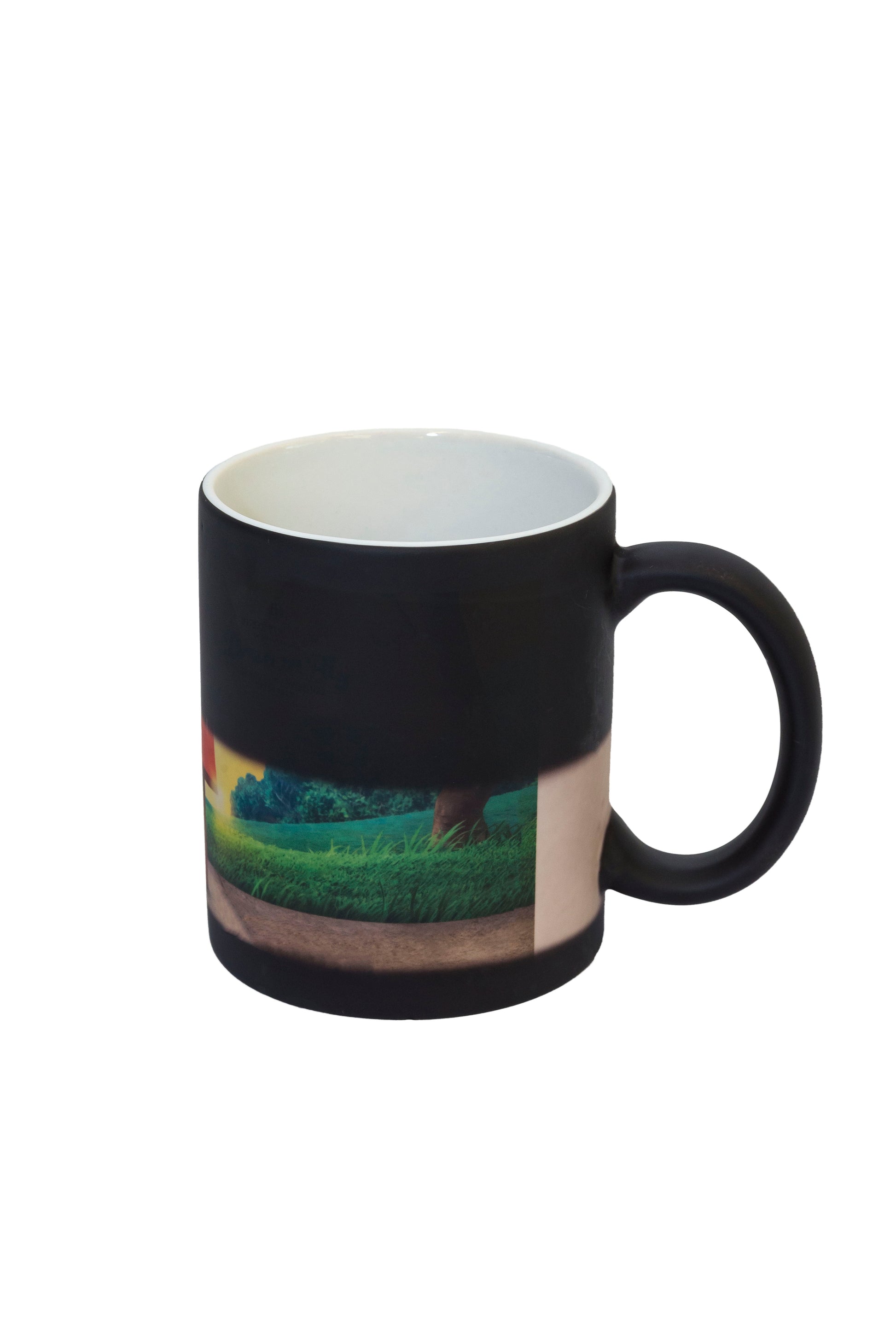 Corporate gift mug featuring a nature-themed landscape that changes colour
