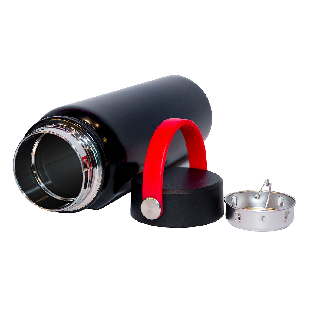 Stainless steel vacuum flask with strainer and customisable logo, perfect for corporate swag.